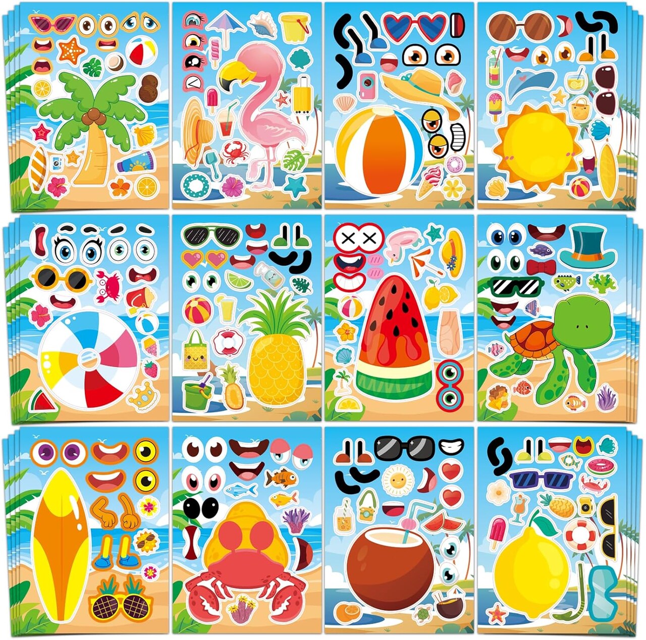 48 Sheets Summer Fun Make-a-Face Sticker Set for Kids – Create Your Own Faces with Beach, Tropical & Animal Stickers – Ideal Summer Crafts